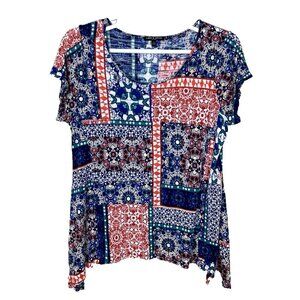 Cable & Gauge Womens 1X Short Sleeve Blouse Viscose Lightweight Boho Patchwork